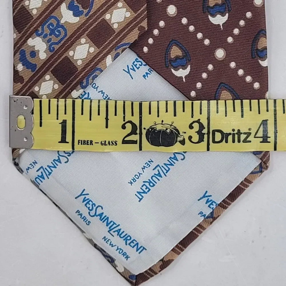 Yves Saint Laurent YSL Vintage Brown Blue Silk Geometric Medallion Tie Preppy
